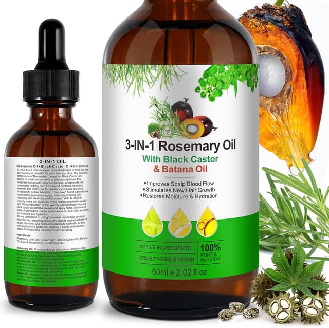 Detalle de Huile de Romarin, Ricin et Batana 3 en 1 (60 ml) pour cheveux, sourcils et cils – 100% naturel