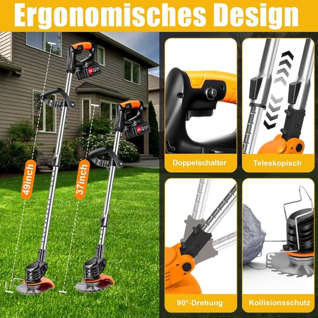 Detalle de Xbzzgmg Akku-Rasentrimmer mit 2 Akkus und 4 Messertypen, Teleskop-Freischneider für Kanten & Hof