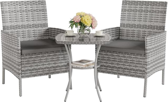 Detalle de UDPATIO 3-teilige Gartenlounge Set für 2 Personen mit Glastisch und 2 Stühlen (Polyrattan), grau