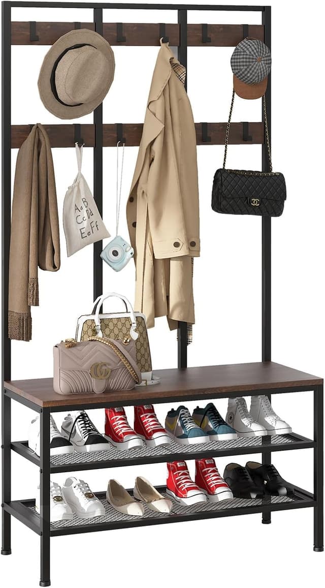 Detalle de Dripex Appendiabiti da terra con panca e scarpiera 3 in 1, 12 ganci rimovibili, 100x40x182 cm