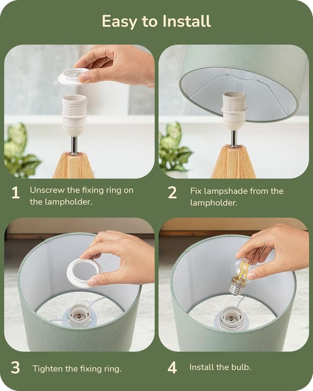 Thumbnail 6 de EDISHINE 36cm Bedside Lamp with Wooden Tripod Base and Bean Green Linen Shade (E27, 2700K LED bulb included)