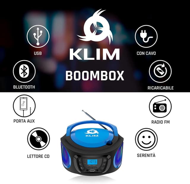 Detalle de KLIM Boombox – Radio FM portatile stereo con lettore CD, Bluetooth e USB (batterie ricaricabili incluse)