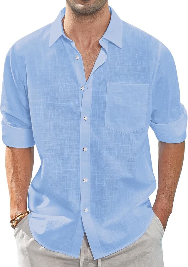 Detalle de J.VER Leinenhemd Herren – Langarmhemd Regular Fit mit Button-Down und Brusttasche (Baumwolle/Leinen)