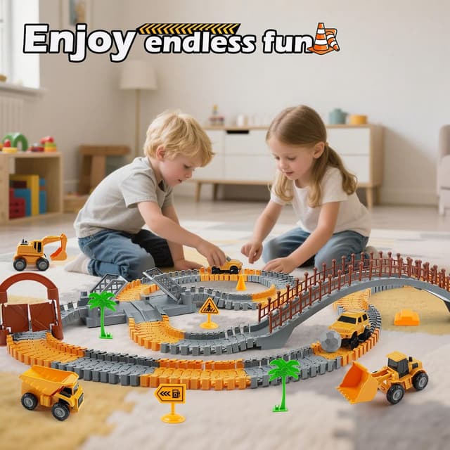 Detalle de TGJH Construction Race Car Track Set for Kids (220+ PCS) with 2 Electric Cars