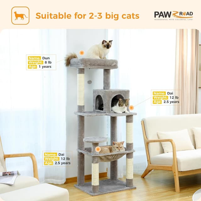 Detalle de PAWZ Road Kratzbaum für große Katzen (143 cm) – stabiler Katzenturm mit Hängematte, Katzenhaus und 6 Ebenen, grau
