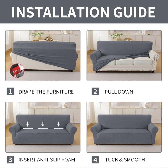 Thumbnail 6 de YSTELLAA housse de canapé extensible 3 places grise claire, antidérapante et anti-rayures