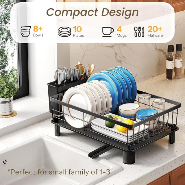 Detalle de Dish Drying Rack Small with Drainboard, Utensil Holder & Stainless Steel Frame (Black) – Compact Countertop Drainer