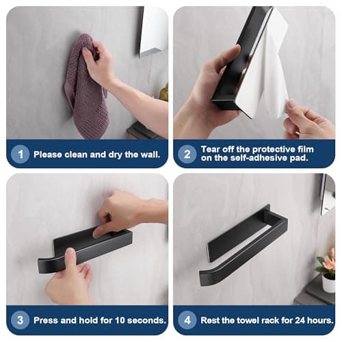 Detalle 2 de ALOCEO toallero de baño adhesivo negro de acero inoxidable 304, 24 cm sin taladro