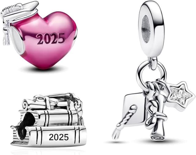 Detalle de PHCLASY 2026 Pink Abschluss Cap Stars Charm-Anhänger (Kompatibilität für Armband) – Herz-Schmuck für Schulabschluss