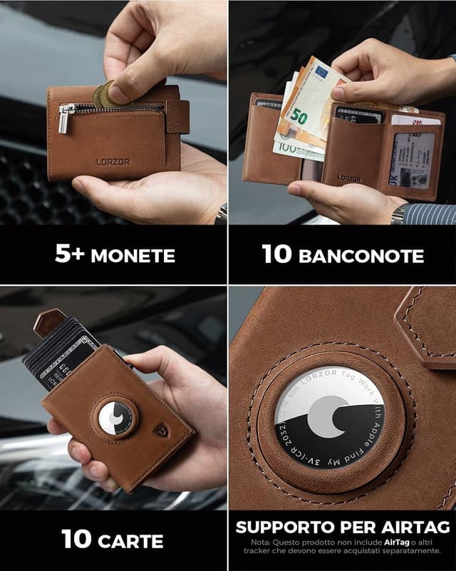 Detalle de LORZOR Portafoglio Slim da uomo con AirTag, portamonete e RFID, chiusura magnetica
