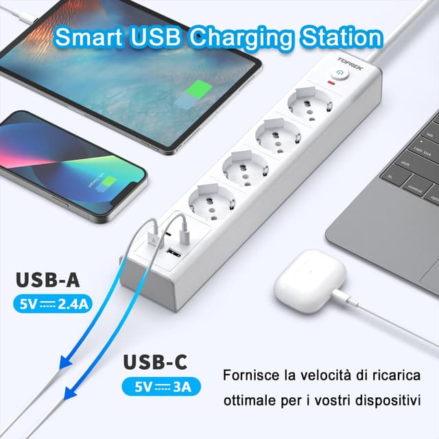 Detalle de TOPREK Ciabatta Multipresa 4000W con 2 USB C