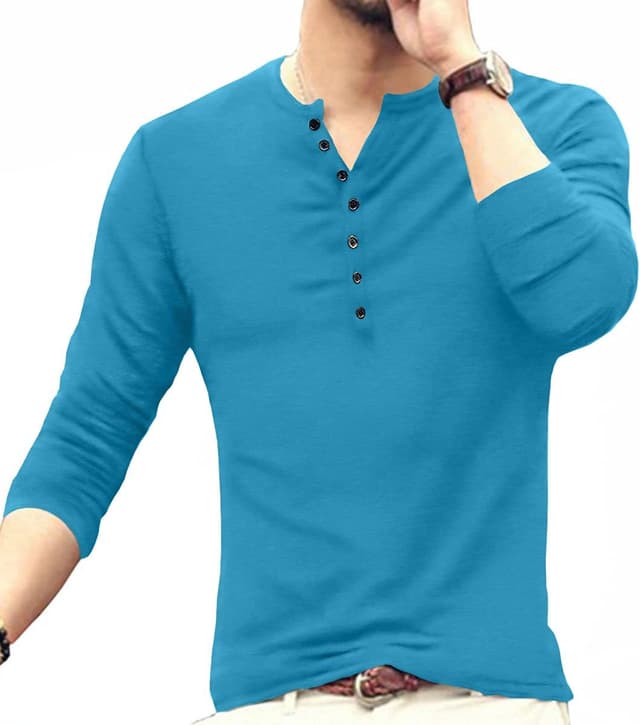 Detalle de KUYIGO men’s cotton slim fit henley T-shirt with 7 buttons (short sleeve)