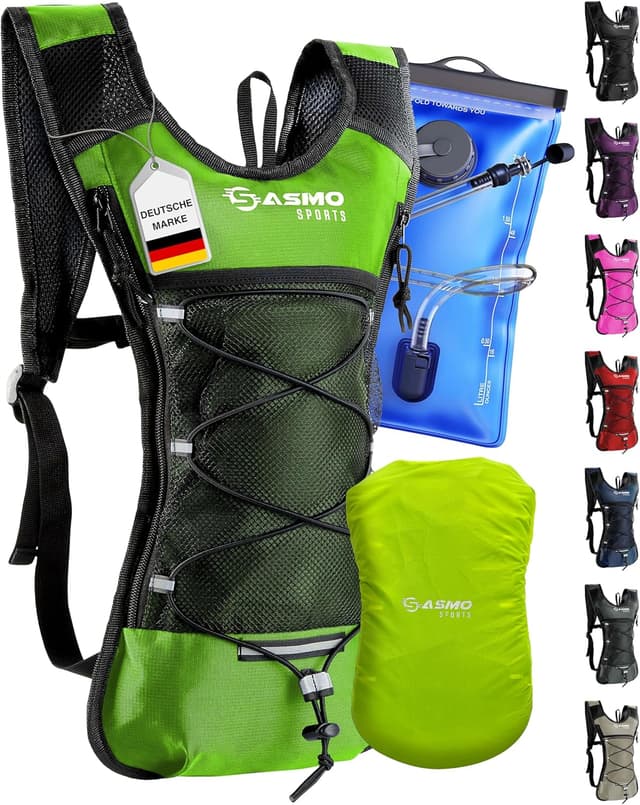 Detalle de SASMO® Trinkrucksack (Grün) mit Thermofach – ultraleichter Laufrucksack mit Trinkblase 2 l, Reflektoren & wasserdichtem Nylon