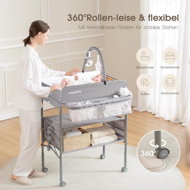 Detalle 2 de Maydolly tragbarer Wickeltisch – faltbar, höhenverstellbar, mit Rädern und wasserabweisendem Sitzkissen (Grau)