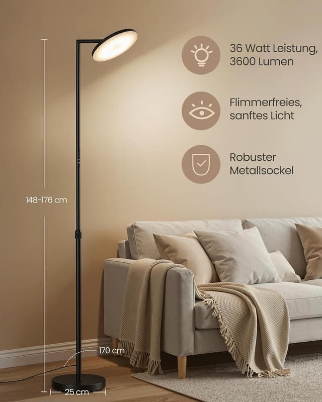 Detalle 2 de VASAGLE LED-Stehlampe LFL008BD02 für Wohnzimmer & Schlafzimmer – höhenverstellbar, drehbarer Kopf, Timer, Memory