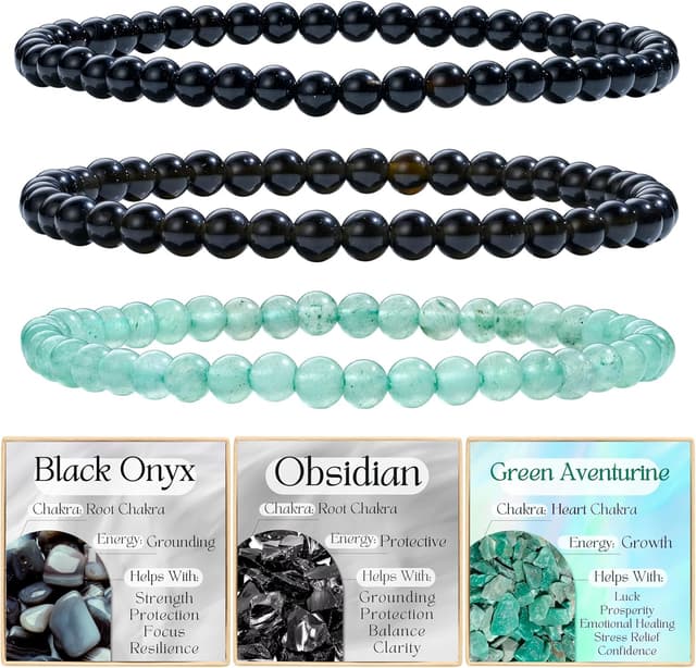 Detalle de Bivei 3-teiliges Perlenarmband-Set aus Natursteinen für Damen (Onyx, Obsidian, Aventurin) – handgefertigt