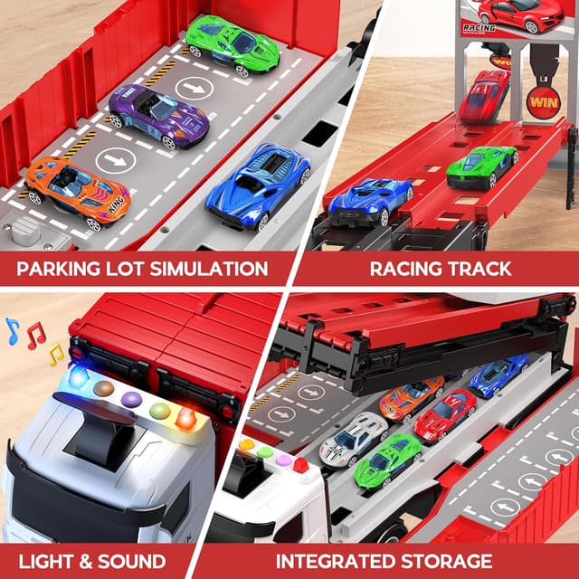 Detalle 2 de Transport Truck Toy for Boys & Girls with 8 Race Cars and Ejecting Dual Tracks (Portable Carrier Truck Set)