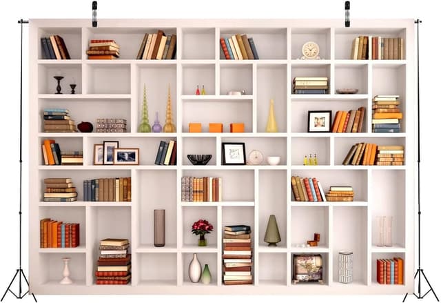 Detalle de BELECO Fotohintergrund als Bücherregal aus Stoff (2,1 x 1,5 m, Weiß) für Zoom, Videokonferenzen & Deko