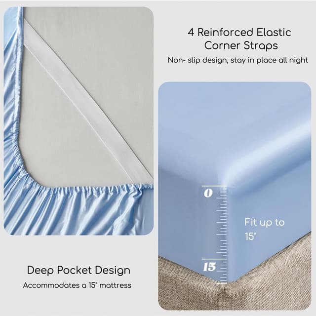 Detalle de MR&HM Satin Bed Sheets Full Size 4-Piece Set with 15-Inch Deep Pocket (Light Blue)
