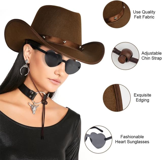 Detalle de Aomig 3-piece cowboy hat fancy dress set with paisley bandanna and heart sunglasses