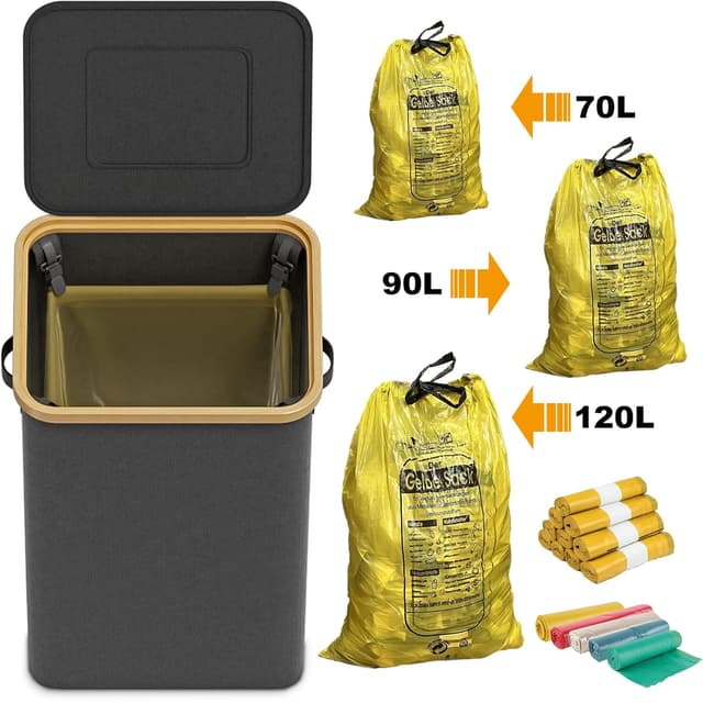 Detalle 2 de DOKRVLOQ Gelber Sack Ständer mit Deckel – stabiler Müllsackhalter für 70L–120L, schwarz