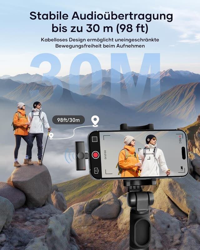 Detalle de CZOCPOS Kabelloses Lavalier Mikrofon 2er Set – Mini Funk-Lavalier für iPhone, iPad & Android (Plug & Play), Schwarz