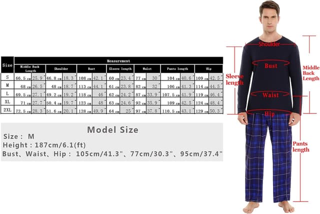 Detalle de Uniexcosm ensemble de pyjama homme en coton hiver à manches longues, col rond et poches latérales