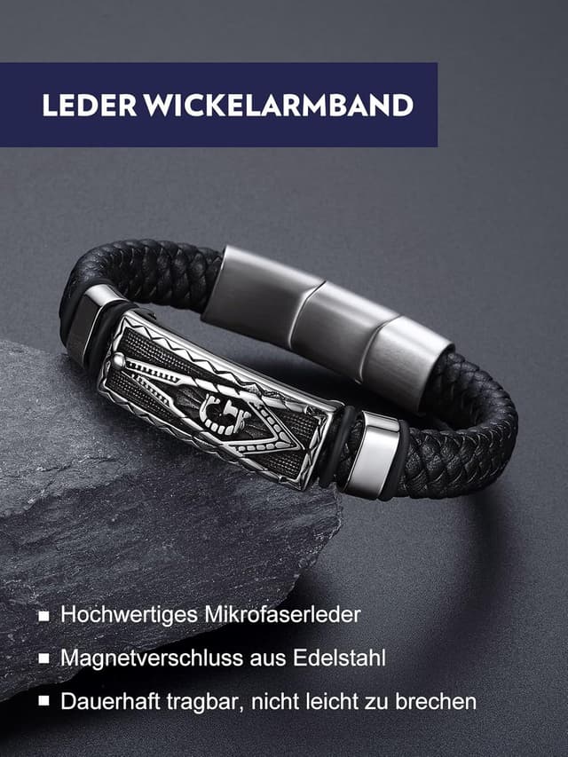 Detalle de Bandmax Herren-Lederarmband „Mjölnir/Totenkopf/Freimaurerei“ mit Magnetverschluss – personalisierbares Wikinger-Armband