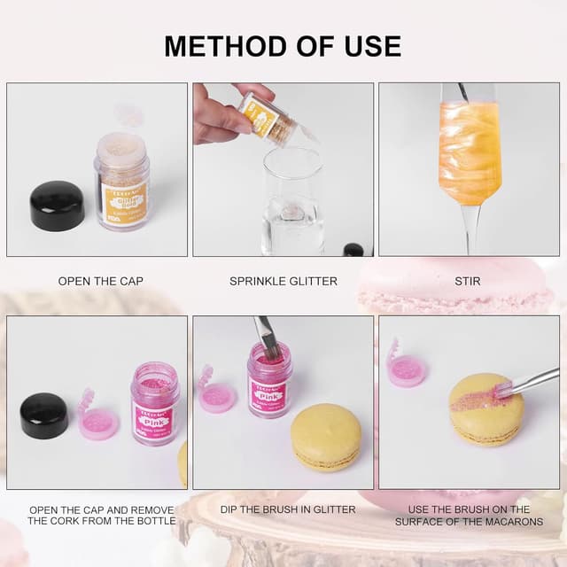 Detalle 2 de Essbares Glitzer Set mit Lebensmittelfarben & 6 Glitzerpulver-Farben – für Drinks, Cocktails, Fondant & Schokolade