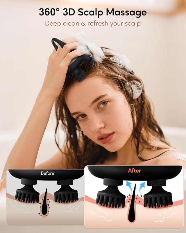 Detalle 2 de arboleaf elektrisches Kopfmassagegerät mit 12 Silikonköpfen, 3 Modi und IPX7 (Schwarz)