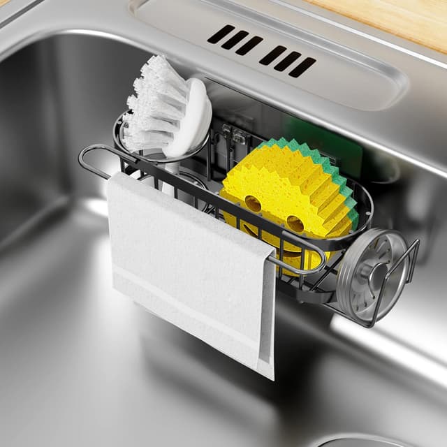 Detalle de Cisily Kitchen Sink Caddy Sponge Holder in the Sink (Stainless Steel) — Suction & Adhesive Mounting Organizer