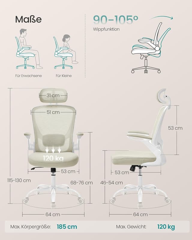 Detalle 2 de SONGMICS OBN047K01 ergonomischer Bürostuhl 53 cm Sitzfläche