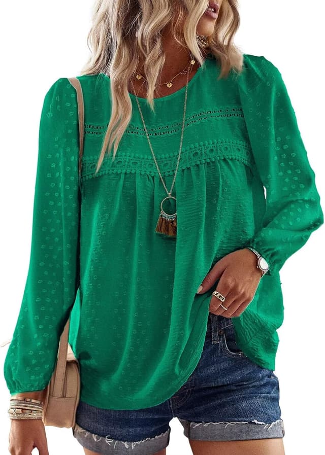 Detalle de TUUHAW Langarmshirt Damen Boho-Tunika mit Rundhals & Häkelapplikation