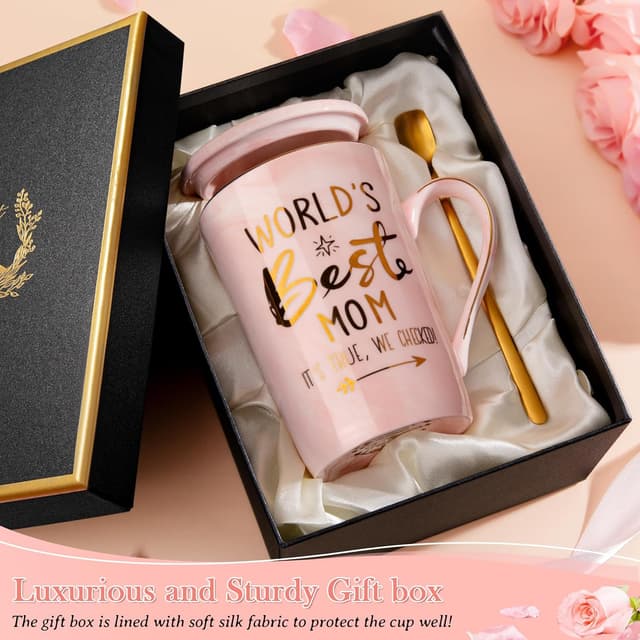 Detalle de Mothers Day Birthday Gifts for Mom from Daughter Son – 14oz Funny “World’s Best Mom” Mug Set in Pink Marble with Gold Print (Gift Boxed Set)