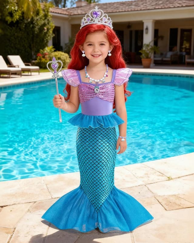 Detalle de Costume da principessa sirena Ariel Dtiaagto per bambine e ragazze (età 3-10 anni) con parrucca e accessori glitter