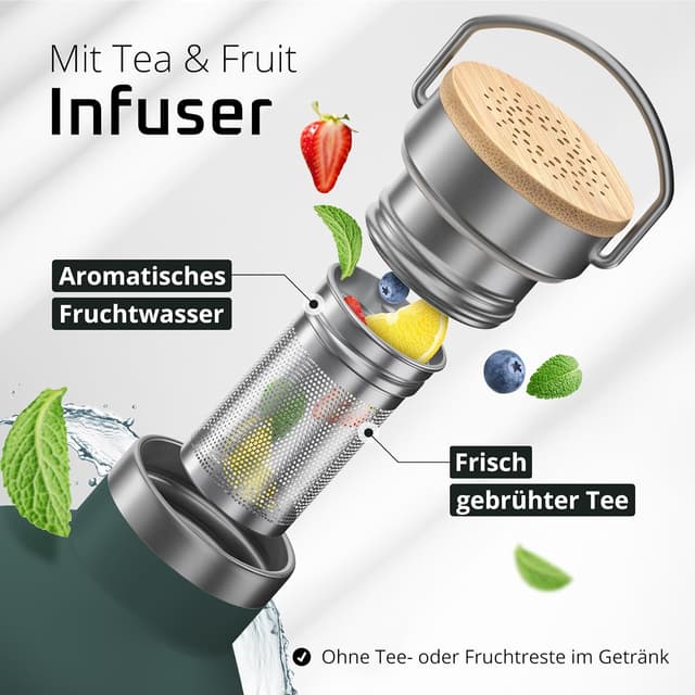 Detalle de BeMaxx Edelstahl-Trinkflasche mit Strohhalm & Infuser + 3 Deckeln (BPA-frei, auslaufsicher) – 530 ml