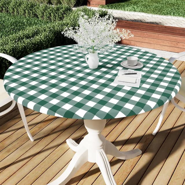 Detalle de Smiry Round Picnic Tablecloth (45–56 in) — Elastic Fitted Vinyl Waterproof Cover with Flannel Back, White & Emerald Green