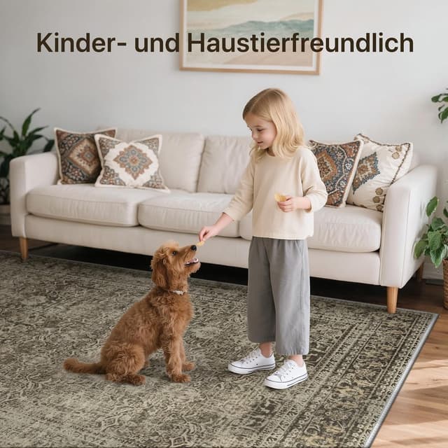 Detalle de Tapis BEIMO Salon 180x270 cm style vintage sauge, antidérapant et lavable en machine