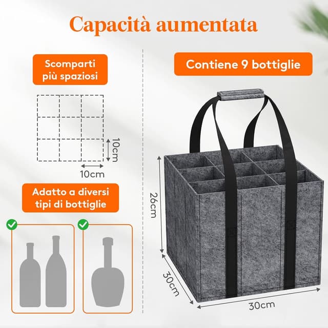 Detalle 2 de Lifewit Borsa portabottiglie con manici in feltro rinforzato, 9 scomparti per bottiglie fino a 1,5 L