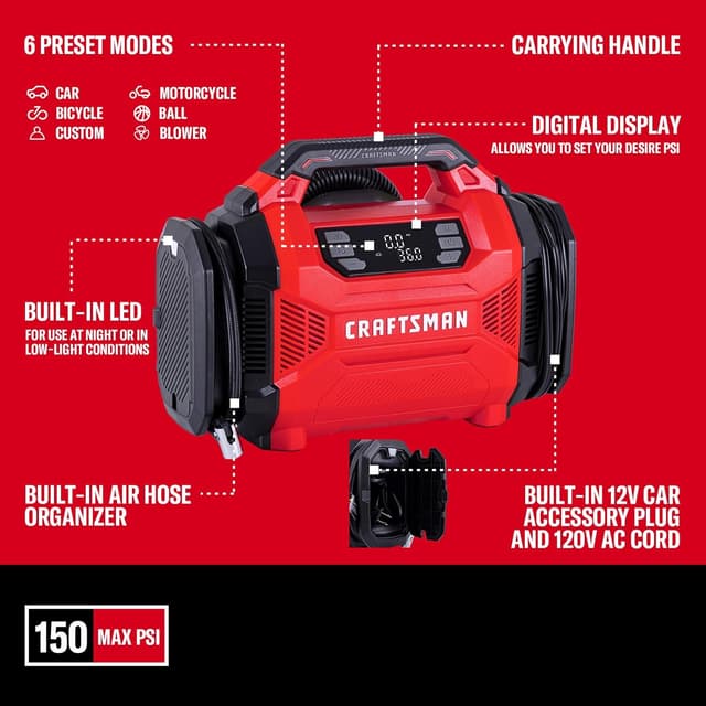 Thumbnail 6 de Craftsman Dual Power Tire Inflator Portable Air Compressor (12V DC + 120V AC) Up to 150 PSI