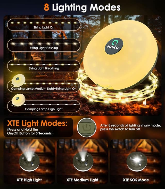 Detalle de MoKo 32.8ft Camping String Light – 4-in-1 rechargeable LED lantern, fairy lights & power bank