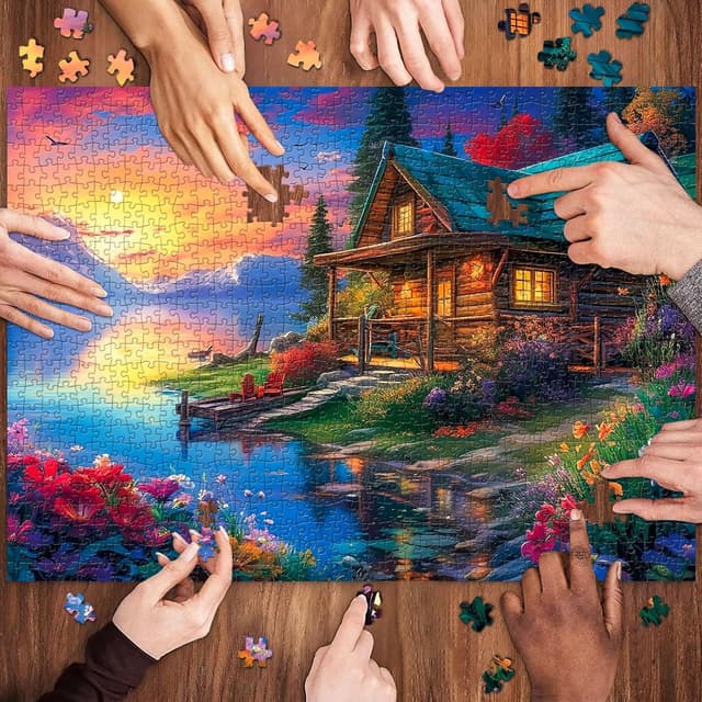 Detalle 2 de Puzzle 1000 Teile „Lakeside Chalet“ – herausforderndes Erwachsene-Puzzle für Familien & als Geschenk