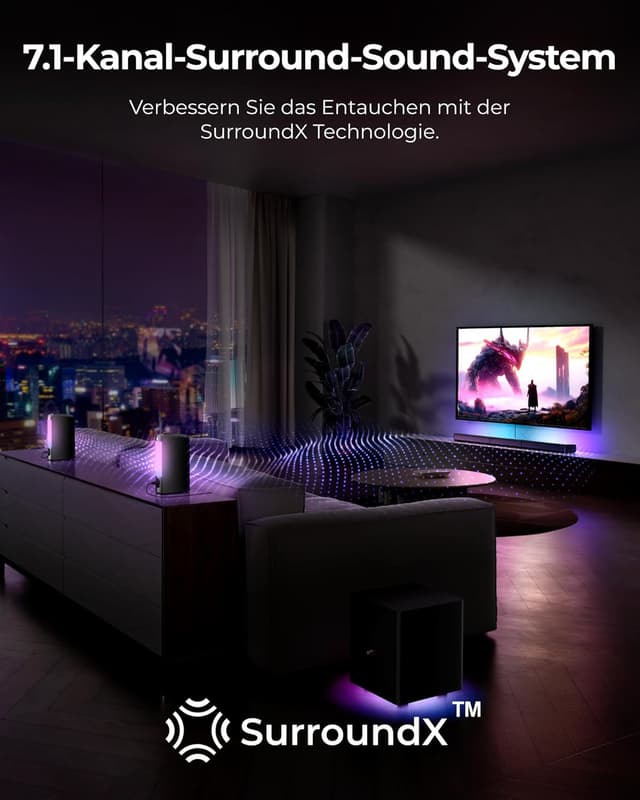 Detalle 2 de ULTIMEA Apollo S70 Ultra 7.1 Virtual Surround Soundbar mit 6,5-Zoll Subwoofer, App & HDMI/Opt/AUX/Bluetooth