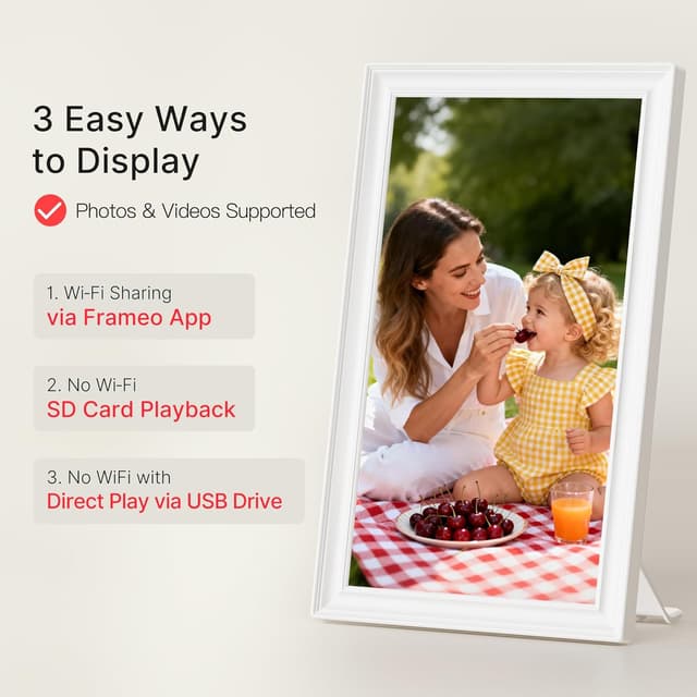 Detalle 2 de Frameo 64GB 15.6" WiFi Digital Photo Frame (Classic White) – 1920×1080 FHD IPS Touch, Auto-Rotate