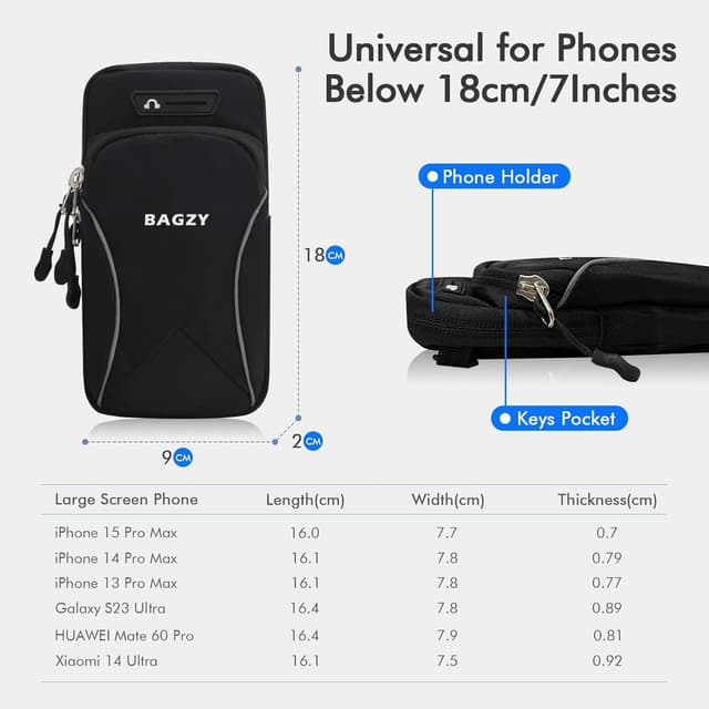 Detalle de BAGZY Pochette téléphone portable 7 pouces avec brassard sport et bandoulière (Bleu clair)