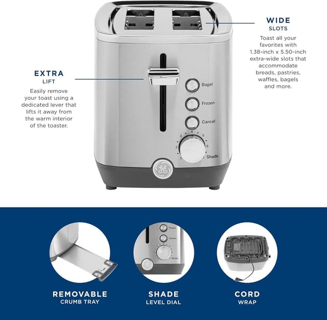 Detalle de GE 2-Slice Stainless Steel Toaster with Extra-Wide Slots and 7 Shade Settings