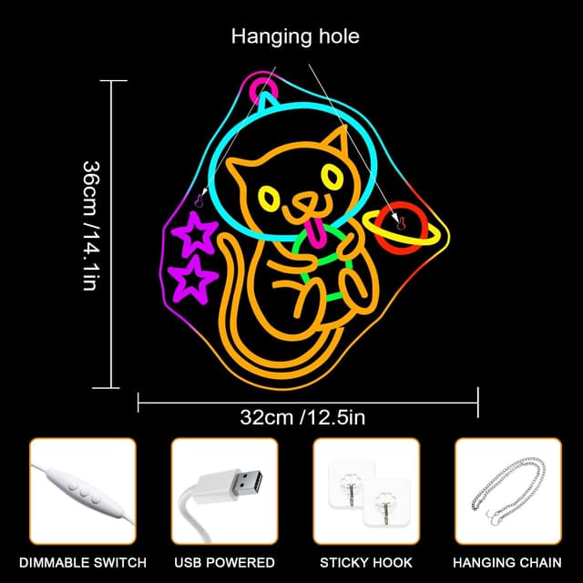 Detalle de ineonlife Astronaut Milk Tea Cat neon sign (dimmable, USB powered) for wall decor