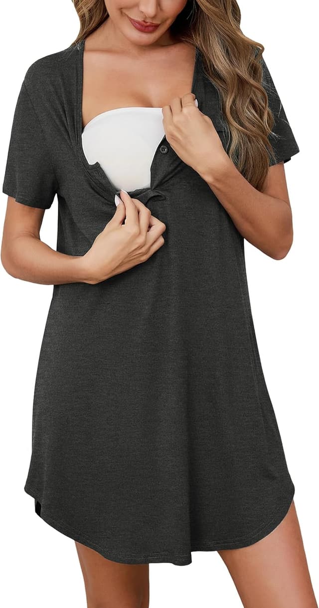 Detalle de Uniexcosm Stillnachthemd Damen Kurzarm Geburtskleid aus Baumwolle mit Knopfleiste