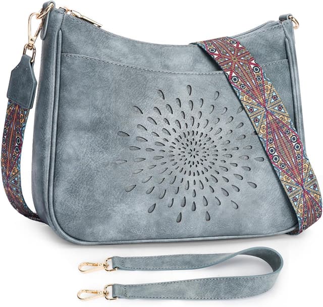 Detalle de APHISON Damen Klein-Umhängetasche Crossbody mit Sonnenblumen-Lochmuster, blau (veganes Leder)