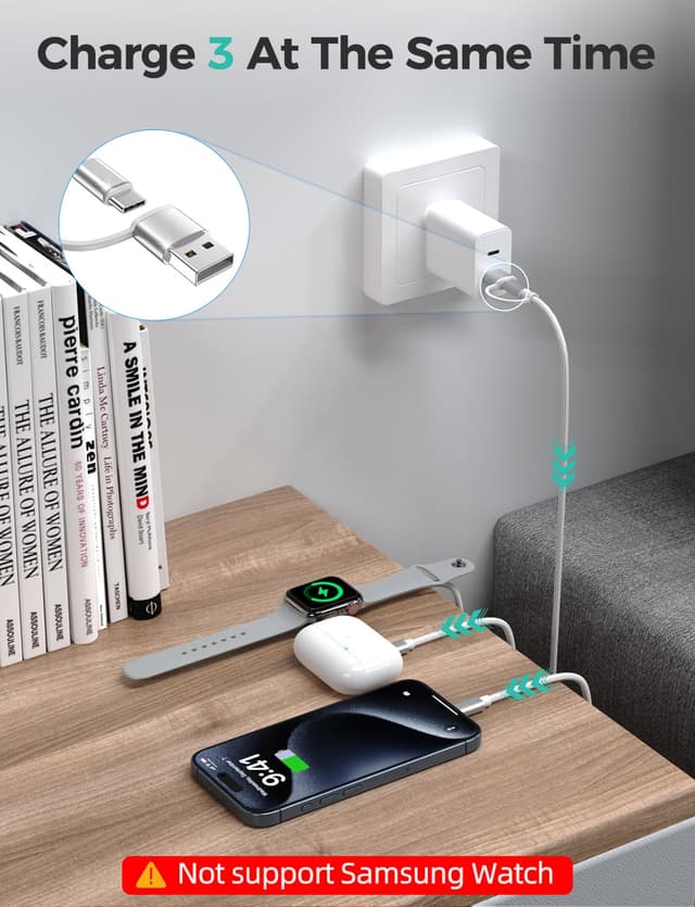 Detalle 2 de Amasuki Weiß 2er-Set 3-in-2 USB‑C Kabel für Apple Watch & iPhone